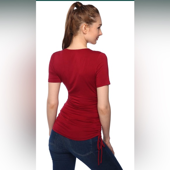 AmélieBoutik Women V Neck Faux Wrap Drawstring Ruched Sides Short Sleeve Top - Picture 2 of 4